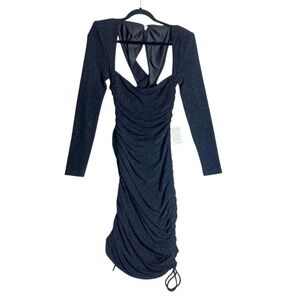 Miss Circle Black Shimmer Midi Body Con Dress Sz Medium Cross Back Long Sleeve